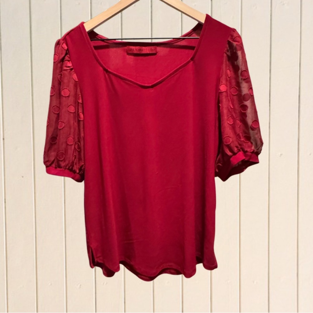 $5 in a bundle! Love Scarlett Red Blouse with Sheer Polka Dot Sleeves